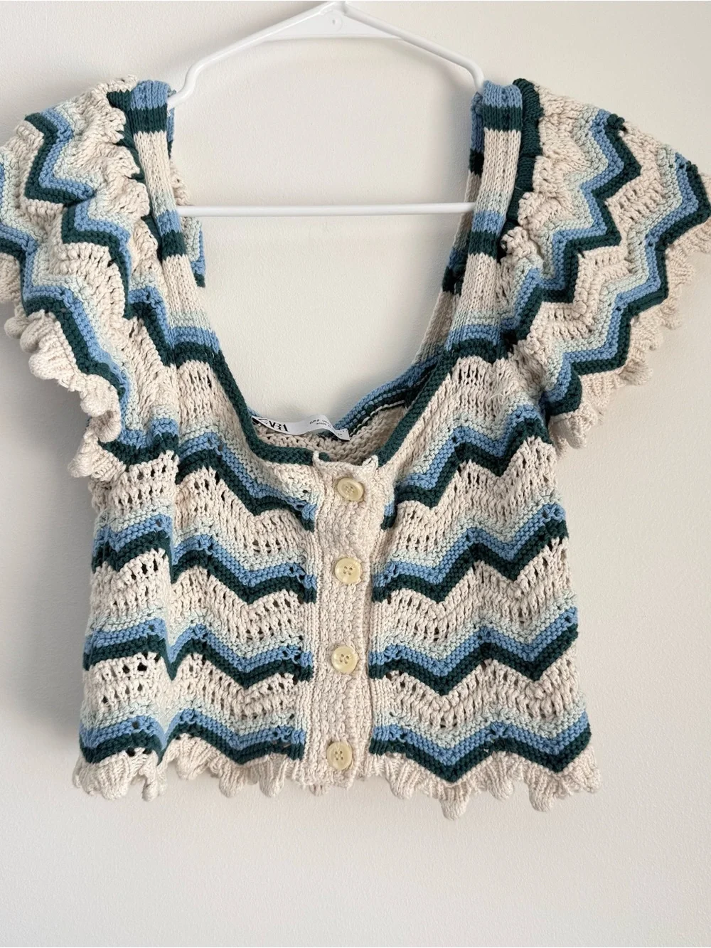 Zara White & Blue Crochet Chevron Button Crop Top Size Small